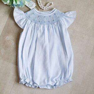 Blue Pearl Flower Fly Sleeve Bubble Romper Feltman Brothers Smocked 9 Month NWT